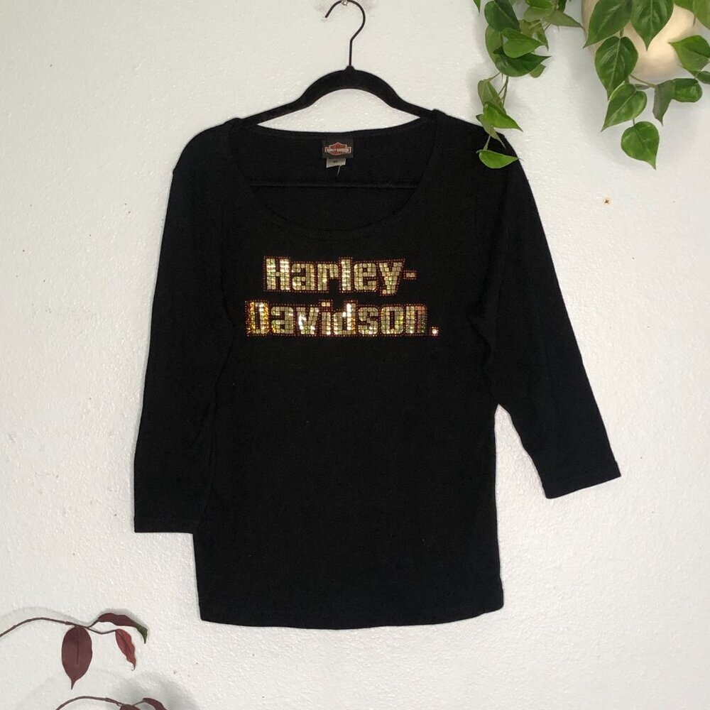 Harley Davidson Black Scoop Neck Top Sparkle XL - Picture 2 of 6